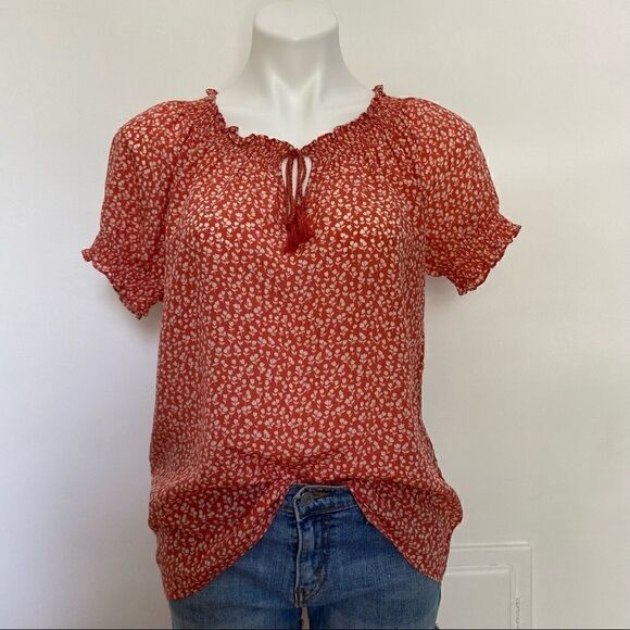 Joie Off Shoulder Smocked Silk Floral Print Top - Picture 2 of 6